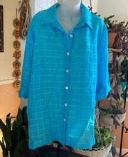 BLAIR Button Down Casual Blouse Rolled Sleeve Aqua Blue Size XL