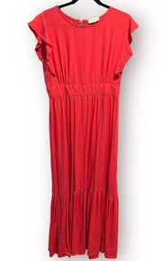 Linen Viscose Blend Maxi Tiered Ruffle Dress M Boho Red Orange