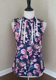 NEW Lace & Mesh Modcloth Navy Floral & Lace Collared Button-Down Sleeveless Top