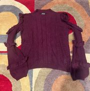 Burgundy Mock Neck Cold Open Shoulder Chunky Ruffle Sweater Size Small
