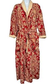 Vintage  Womens Robe M/L Terry Lined Floral Red Beige Tie Waist