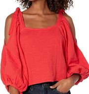 High Demands Cold Shoulder Ballon Sleeve Top Red Orange Large