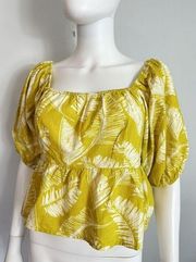 Sim & Sam Palm Print Yellow Peplum Top Puff Sleeve Size L NEW