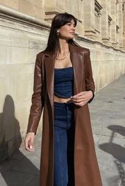 Zara Womans Long Duster Coat Jacket Size XS Brown Faux Leather 1255/702