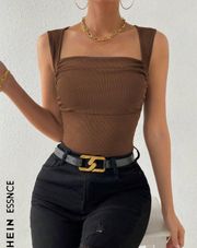 Brown Essence Solid Ruched Square Neck Bodysuit