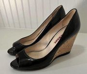 PRADA Peep Toe Cork Wedge Heel Pump Shoe Black Patent Leather EUR 39.5 / 8.5