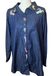 Woman Within Embroidered and Patches Chambray Denim Paisley Oversized Shirt 1X