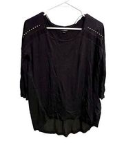 Rock & Republic Long Sleeve Black Shoulder Studded Mesh Blouse Size Medium