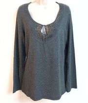 Willi Smith keyhole scoop neck embellished sweater pullover gray long sleeve