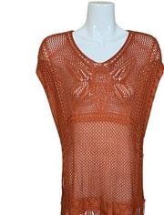 Rust Colored Crochet Butterfly Kit Pullover Top with Fringe Small