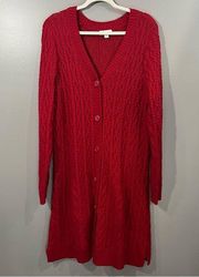 Denim & Co. Button Front Cable Knit Tunic Cardigan w/pockets.  Red. Size 1X