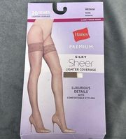 Hanes Premium Silky Sheer Lace Thigh High Medium Stockings Nude Medium Beige