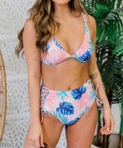 NWT  Bikini Set Pink Tropical Palm Leaf Sweet Summertime Swim Sz Small