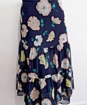 Loft "" NAVY MULTICOLOR FLORAL PRINT CASUAL BOHO MAXI TIERED SKIRT SIZE: 2 NWT