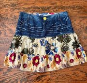 Desigual Tiered Ruffle Skirt Mini Length Denim and Floral Size Large