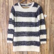 Hem & Thread blue white striped fuzzy sweater long cozy WOMENS SIZE SMALL