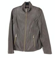 Michael Kors Women's Size M Full Zip Leather Jacket Long Sleeve Chocolate Brown