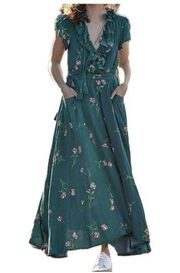 JAASE Boho Floral Ruffle V Neckline Smocked Waist Front Slit Flowy Maxi Dress XS