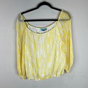 Alice + Olivia Women's Geometric Off Shoulder Silk Blouse Yellow/White Size S