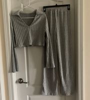 Women’s Small  Gray Fleece Ribbed Long Sleeve Crop Top & Lounge Pants Set
