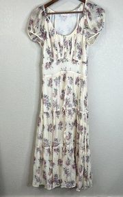 Love Shack Fancy  Audra Maxi Silk Dress 6 Puff Sleeve Floral Pleated Multicolor