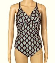 JANTZEN black w/abstract, multicolored diamonds one-piece swimsuit. Size 10. EUC