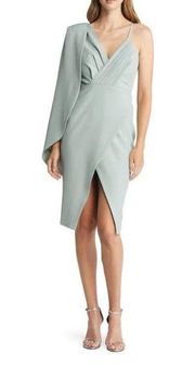 Lavish Alice Grace One-Shoulder Cape Pleated Dress Women's 0 Sage Knee Length