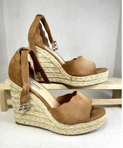 Steve Madden Size 8.5 Susana Tan Espadrille Brown Suede Leather Wedges Sandals