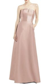 Alfred Sung Women's Satin Twill Strapless Maxi Dress Toasted Sugar Size 10