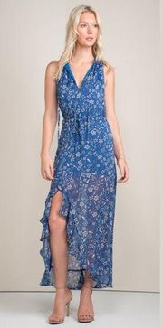 Blue and White Ruffled Floral Print  Melody Maxi Dress