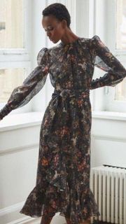 Cinq A Sept Dress Marianne Floral Silk Organza Tie Wedding Black Multi 0 NWT