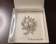 TAHARI Faux Pearl & Aurora Borealis Crystal Brooch NIB