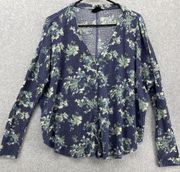 Out From Under Women's Cardigan Blue Watercolor Floral Long Sleeve Button Down