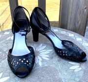 size 8.5 Ciara Perforated Leather Peep Toe Pump Heels - black