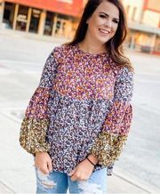 Andthewhy Multi Color Ditsy Floral Print Flowy Top Balloon Sleeve Peplum