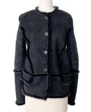 Carolina Herrera Blue Suede Shearling Lined Mink Trim Winter Collarless Jacket