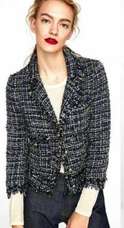 ZARA WOMAN NAVY FANTASY FRAYED BLAZER JACKET METALISED Metallic Size Large