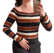 Women’s L Striped Off The Shoulder Blouse Brown Black White Button Detail