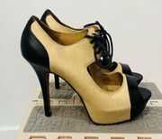 L.A.M.B. Tan & Black Leather Lace Up Peep Toe Platform Heels Womens Sz 7.5