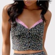 Elodie mesh black floral crop top lace triangle front button down tank top