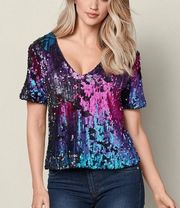 Venus Dual Direction Multicolor Sequin V Neck Shirt Black Multi Size 6