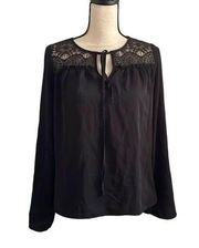 Black Flowy Boho Blouse Skies Are Blue size Small Bell Sleeve Keyhole Neck Top