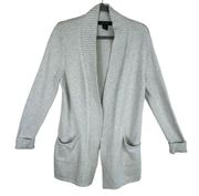Tahari Light Gray Long Sleeve Knit Open Cardigan Cotton Blend Pockets Size L