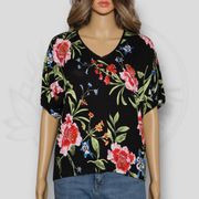 Carmen Marc Volvo Black Floral Dolman Short Sleeve Oversized T-Shirt Size XS