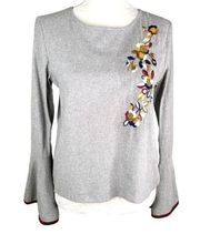 THML Riverside Top Small Gray Embroidered Floral Bell Sleeves Tie New