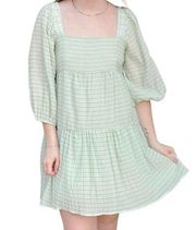 Medium Gingham  Square Neck Balloon Puff Sleeve Tiered Mini Dress Green