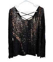 Rock & Republic Black Gold Animal Print Long Sleeve Back Tie Top Size Large