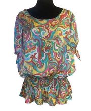 Love J Bright Multicolor Top with Split Short Sleeves, Smocking, and Ruffle Hem
