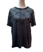 Navy Blue with Gray Floral Print Short Sleeve Round Neck Tee M