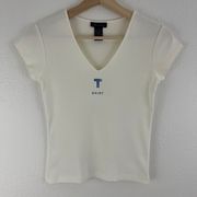 Vintage Y2K White Blue Rhinetone T Shirt V Neck Short Sleeve Tee